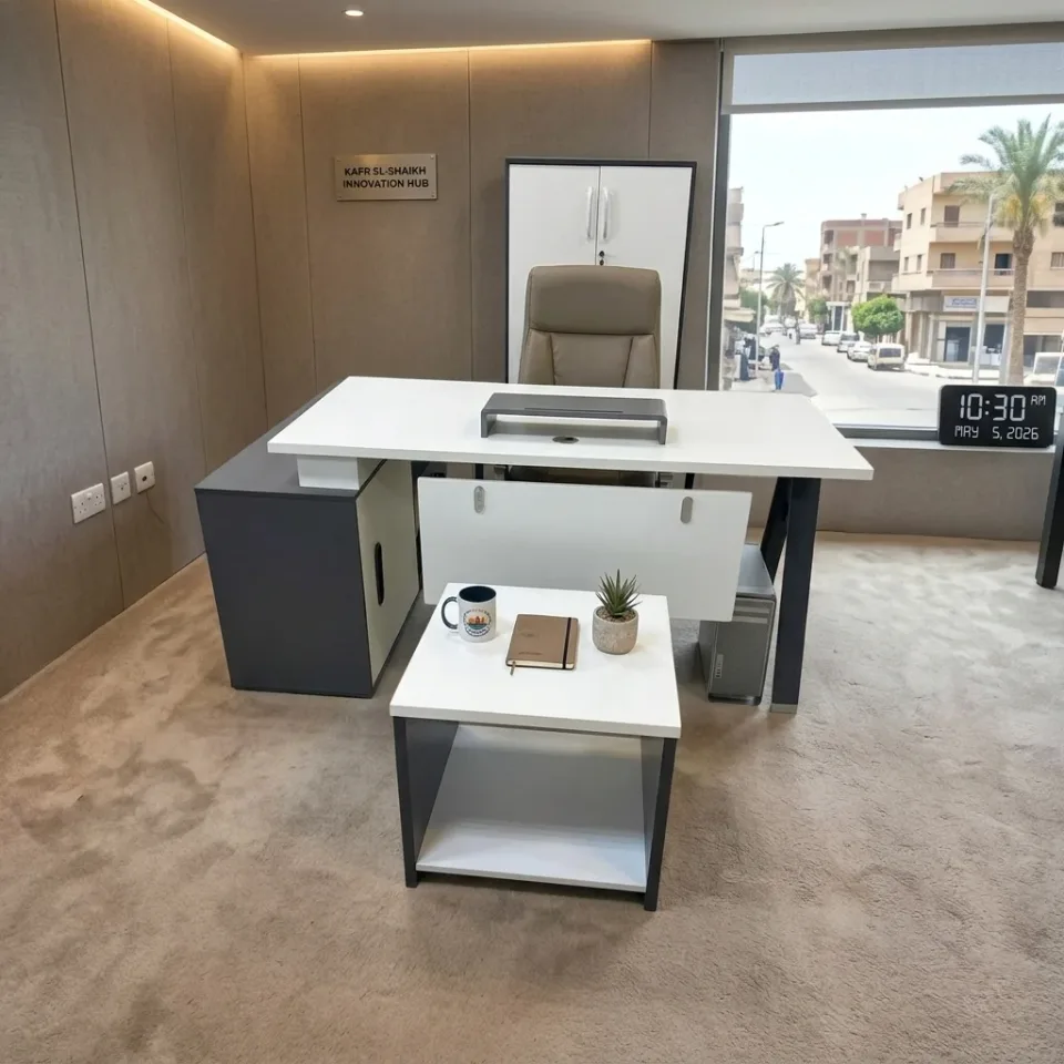 طقم مكتب خشبي إداري باللونين الأبيض والرمادي تصميم متكامل للمكاتب والشركات